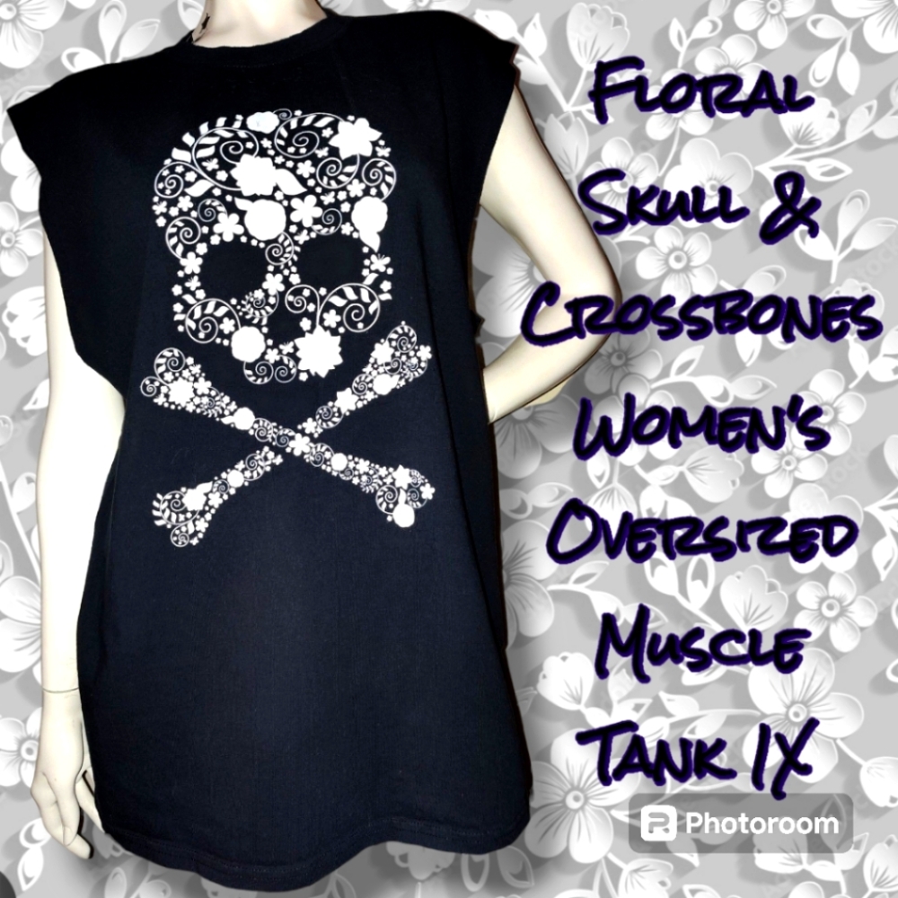 NEW Boutique Floral Skull & Crossbones Trending Black Muscle Tank Top Sz XL 1X